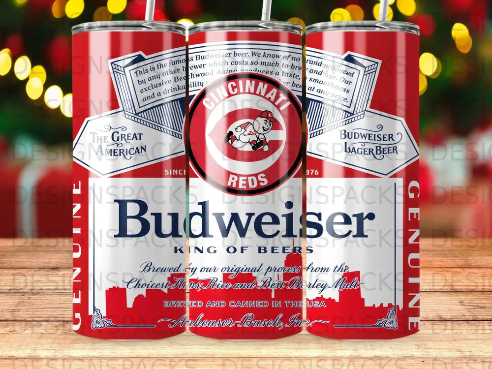 Budweiser beer can with Cincinnati Reds logo, featuring text about brewing and aging.