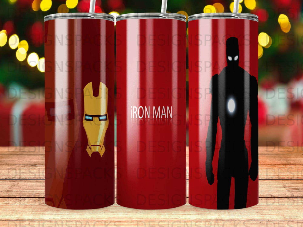 Red tumbler with Iron Man mask, text "IRON MAN", and silhouette.