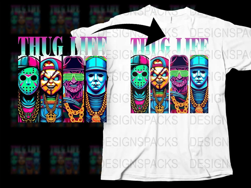 Thug Life Urban Street Art Graphic T-Shirt, Colorful Graffiti Skulls Design, Hip-Hop Style Unisex Tee