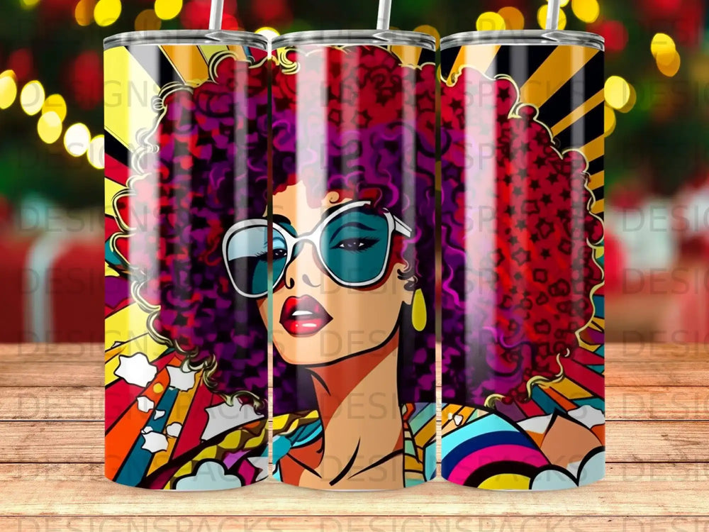 Funky woman with colorful afro and sunglasses on a patterned tumbler.
