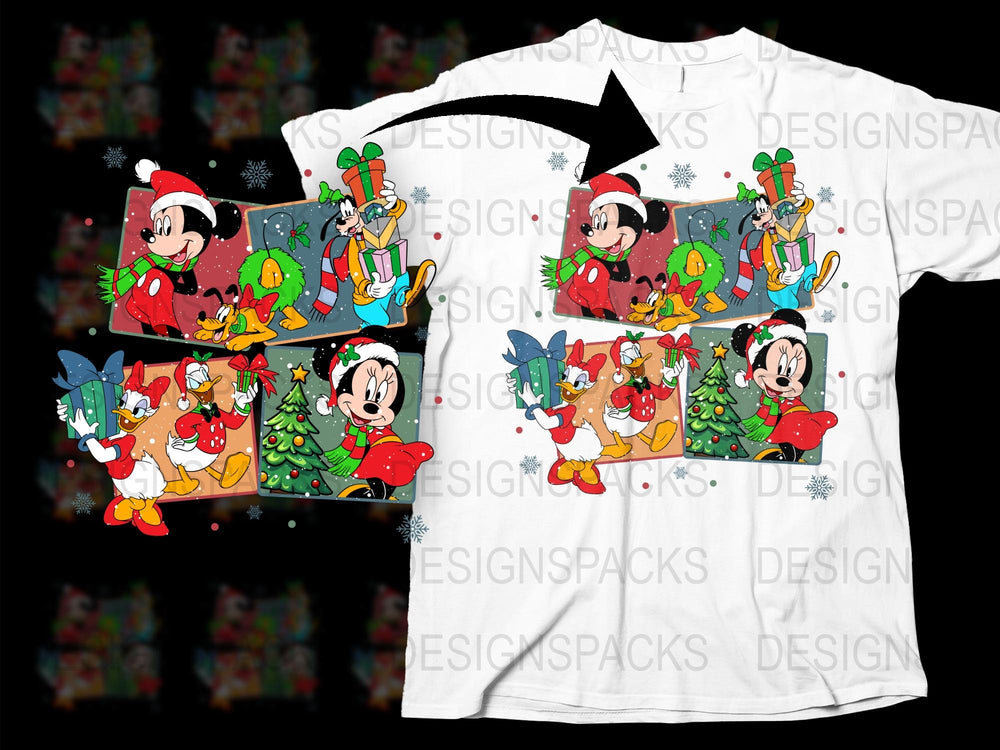 Disney Christmas T-Shirt Mickey and Friends Holiday Graphic Tee Snowflakes and Gifts Design for Family