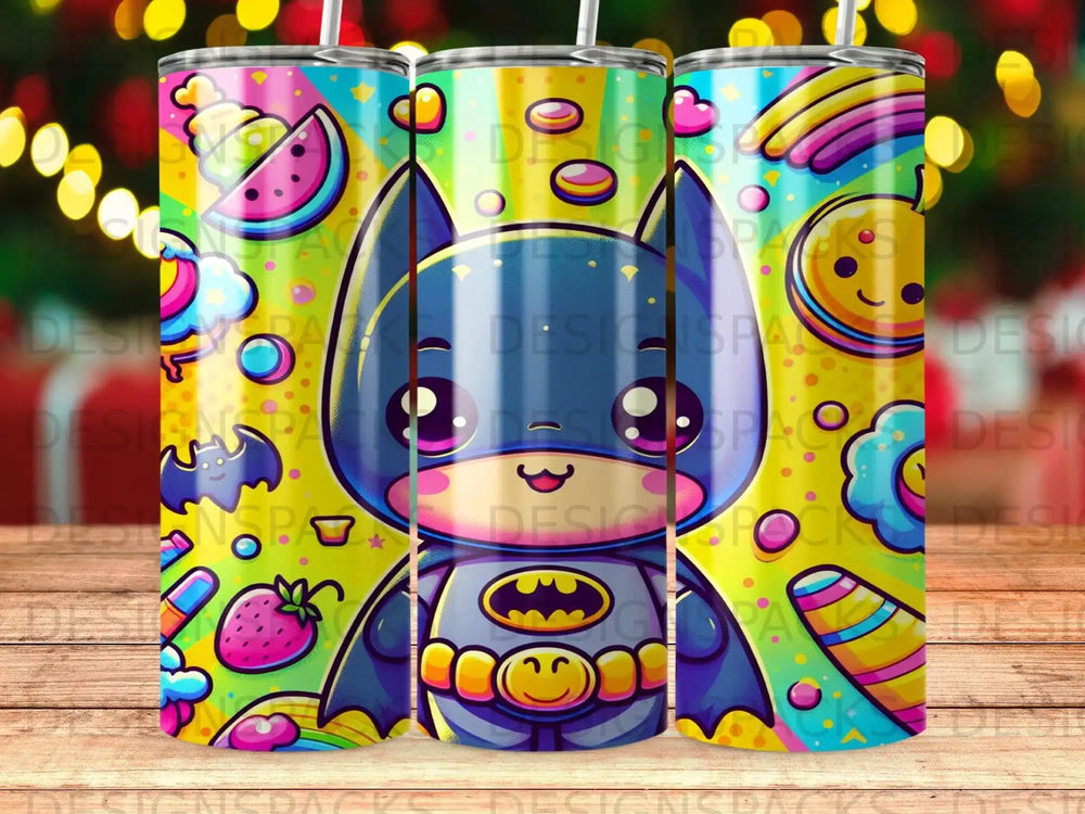 Cute cartoon Batman character with colorful fruit and rainbow patterns.