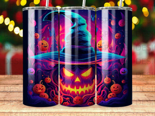 Halloween witch hat pumpkin illustration with glowing eyes and pumpkins.