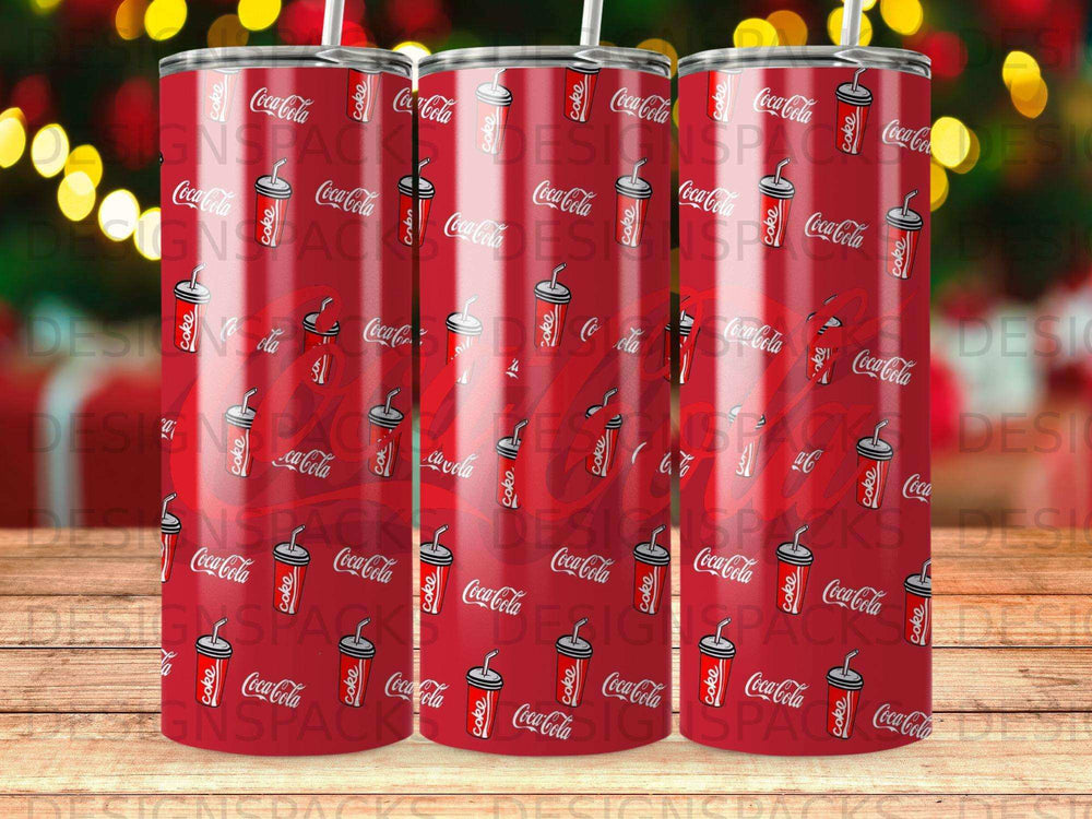 Three tumblers decorated with Coca-Cola logos and red and white stripes.