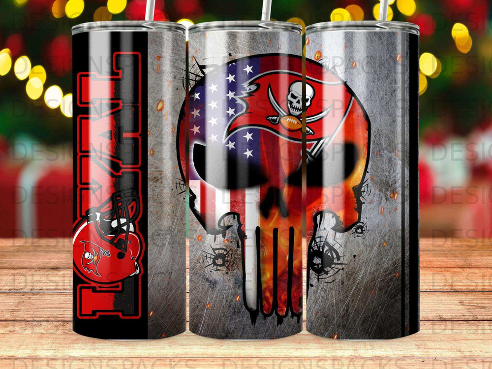 Tampa Bay Buccaneers skull logo on metal texture tumbler.