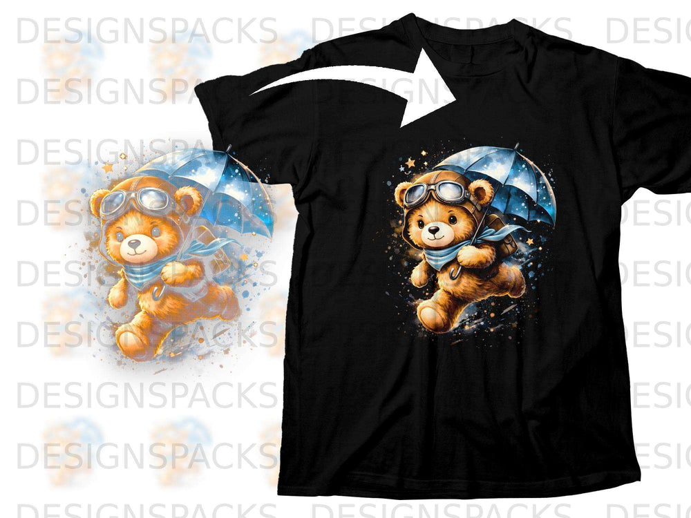 Bear wearing aviator goggles and scarf, holding blue umbrella on black t-shirt.