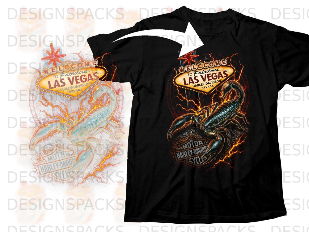 Black t-shirt with a scorpion, "Welcome to Fabulous Las Vegas," and Harley-Davidson logo.