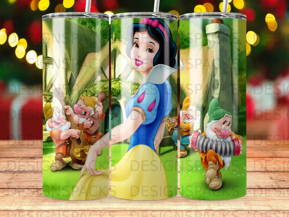 Snow White and the Seven Dwarfs characters on a tumbler.
