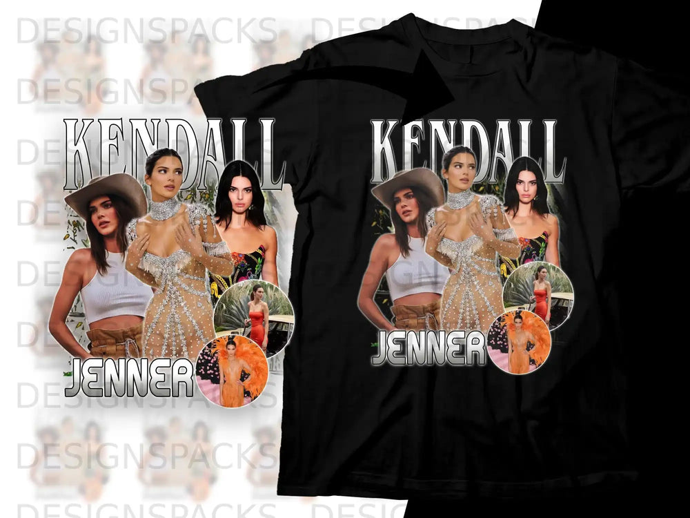 Kendall Jenner graphic tee with text and collage of images.