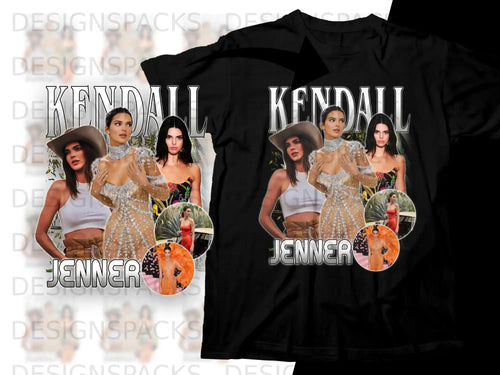 Kendall Jenner graphic tee with text and collage of images.