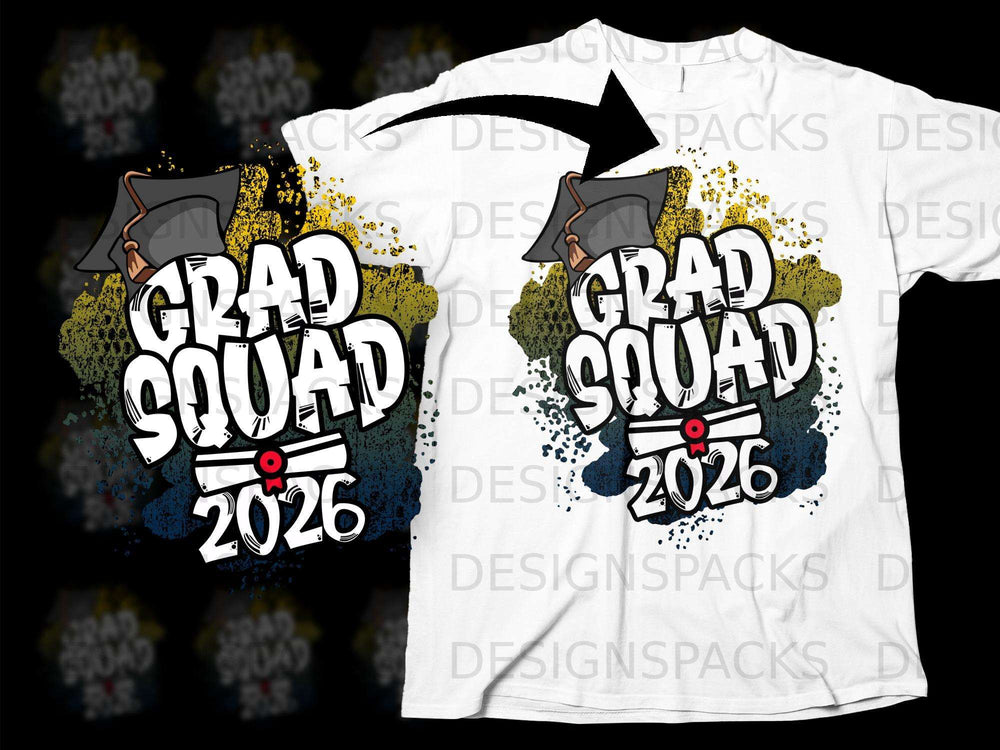 "Grad Squad 2026" graphic with graduation cap and diploma on a white t-shirt.