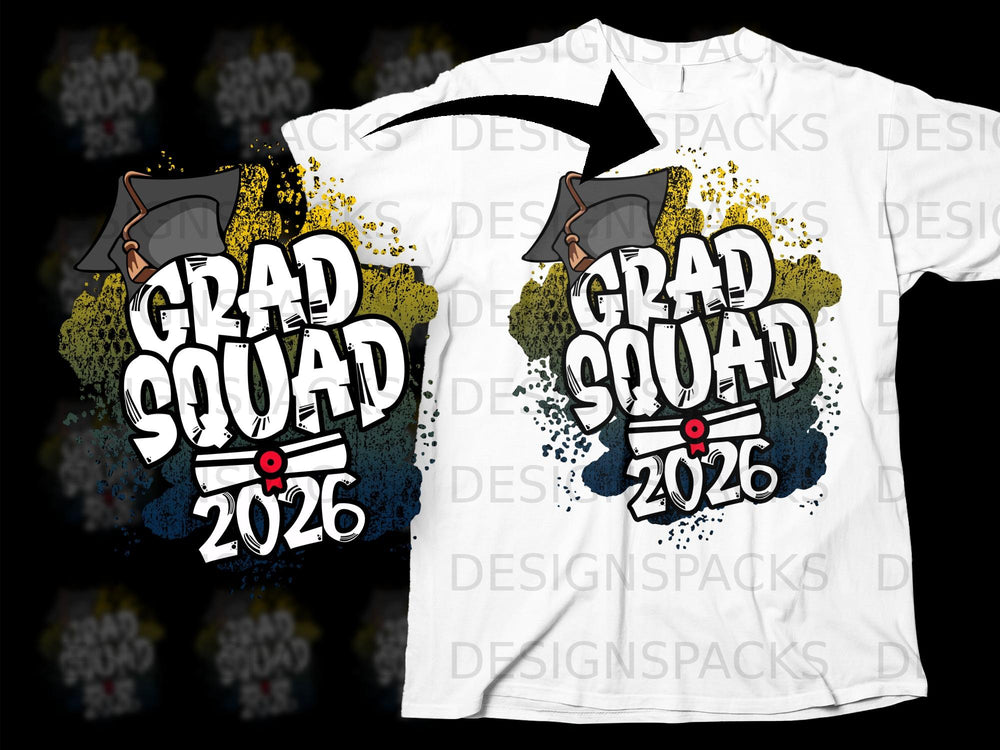"Grad Squad 2026" graphic with graduation cap and diploma on a white t-shirt.