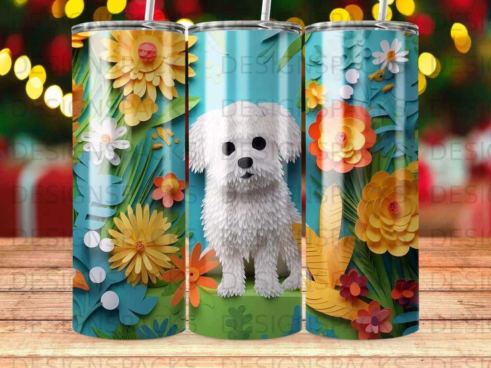 White fluffy dog sitting on grass surrounded by colorful paper flowers.