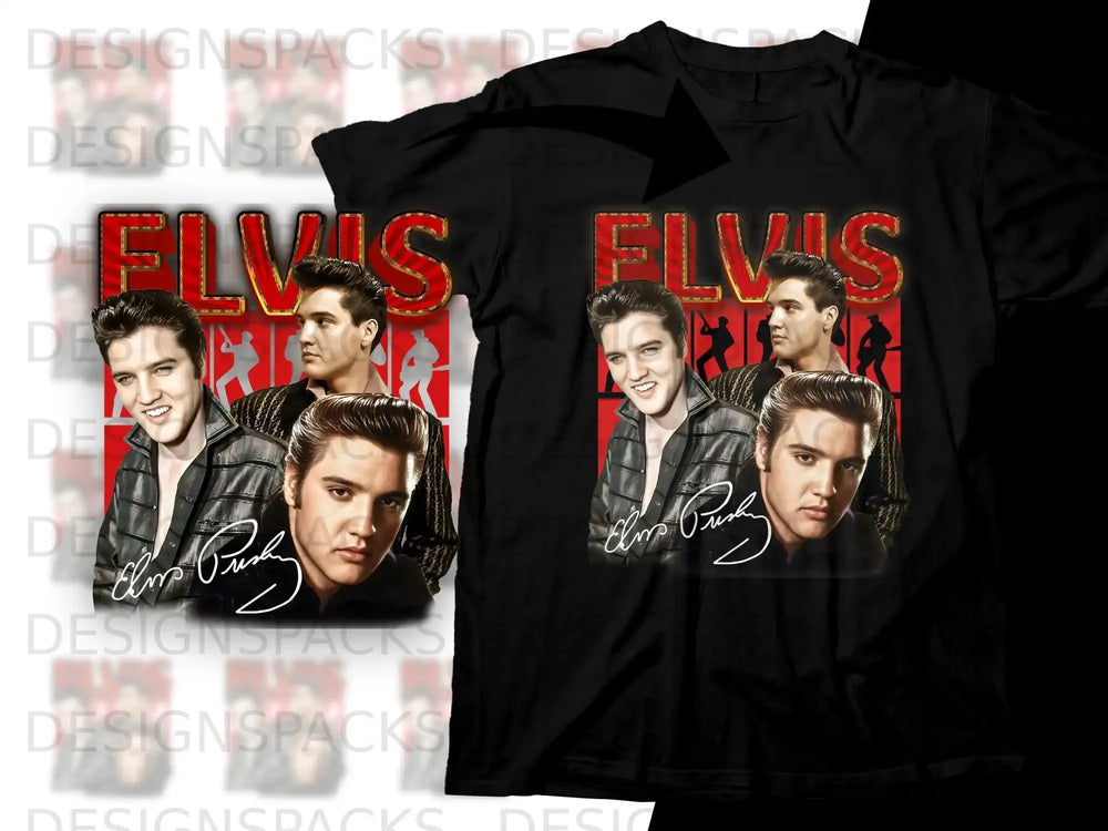 Black t-shirt with collage of Elvis Presley images and signature.