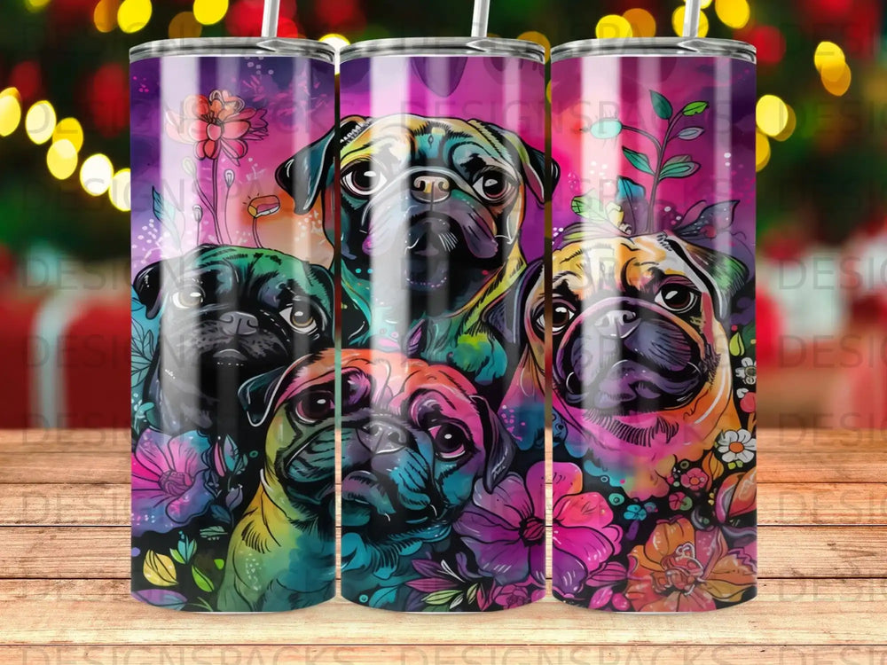 Four pugs with colorful floral background.