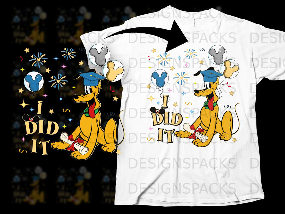 Pluto wearing a graduation cap holding a diploma with "I DID IT" text.