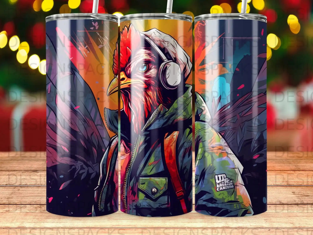 Rooster with headphones wearing a jacket, colorful urban background.