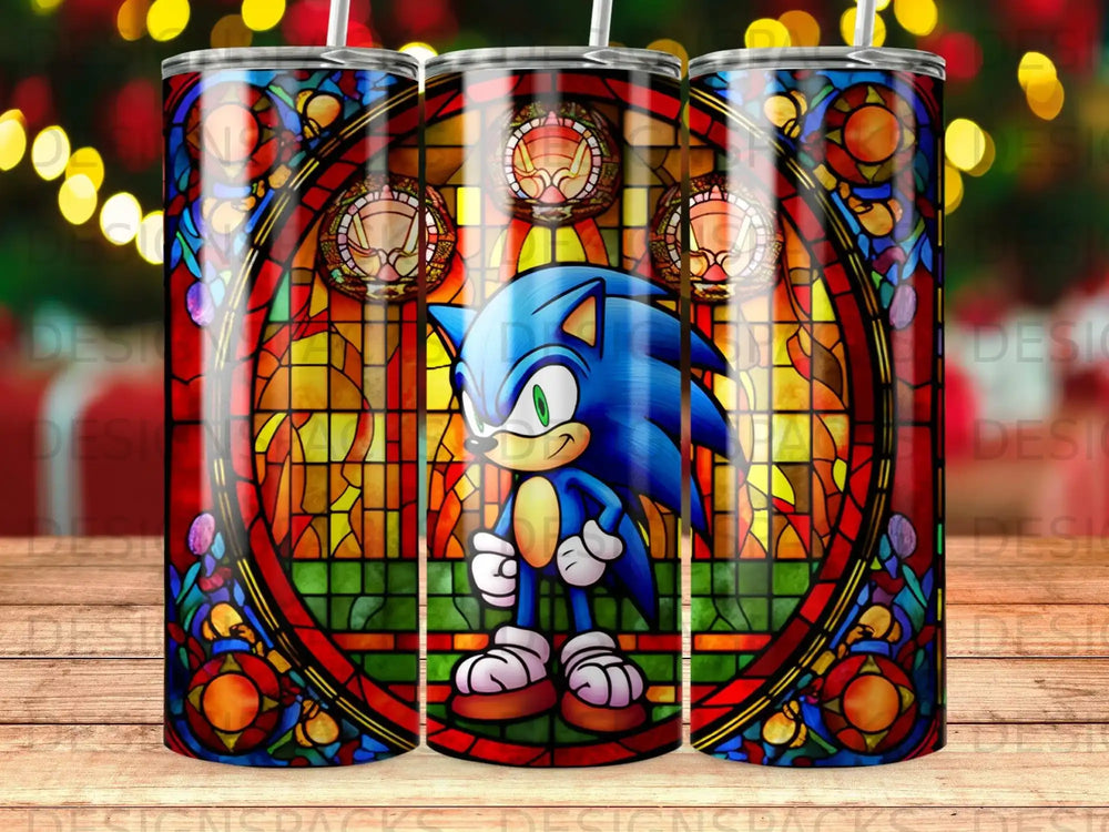Sonic the Hedgehog in stained glass pattern on a tumbler.