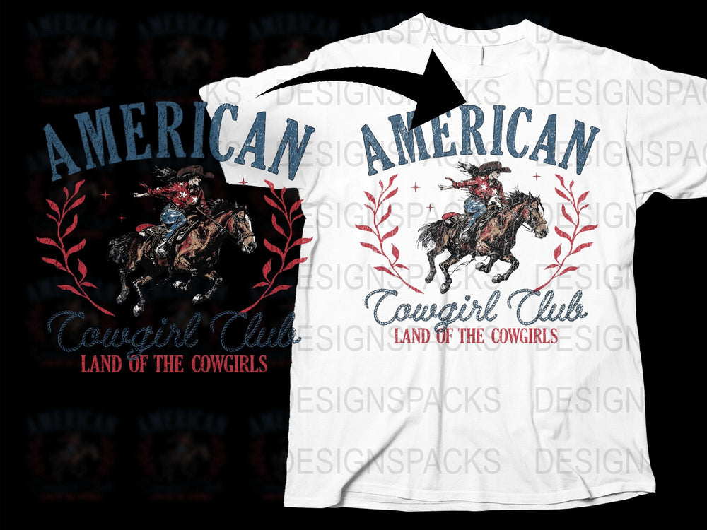 American Cowgirl Club T-Shirt, Patriotic Horse Riding Tee, Land of the Cowgirls Graphic Shirt, Western Style Apparel