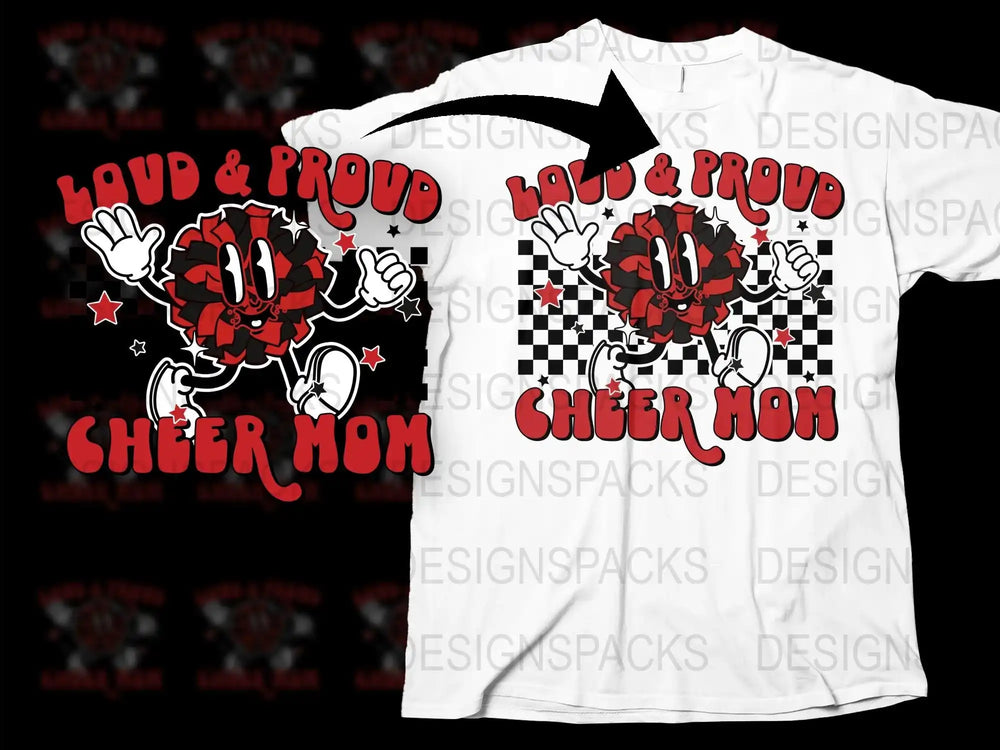Loud and Proud Cheer Mom T-Shirt, Red and Black Graphic Tee, Checkered Pattern, Sporty Mom Apparel