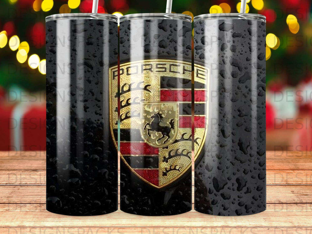 Black tumbler with Porsche crest and water droplet pattern.
