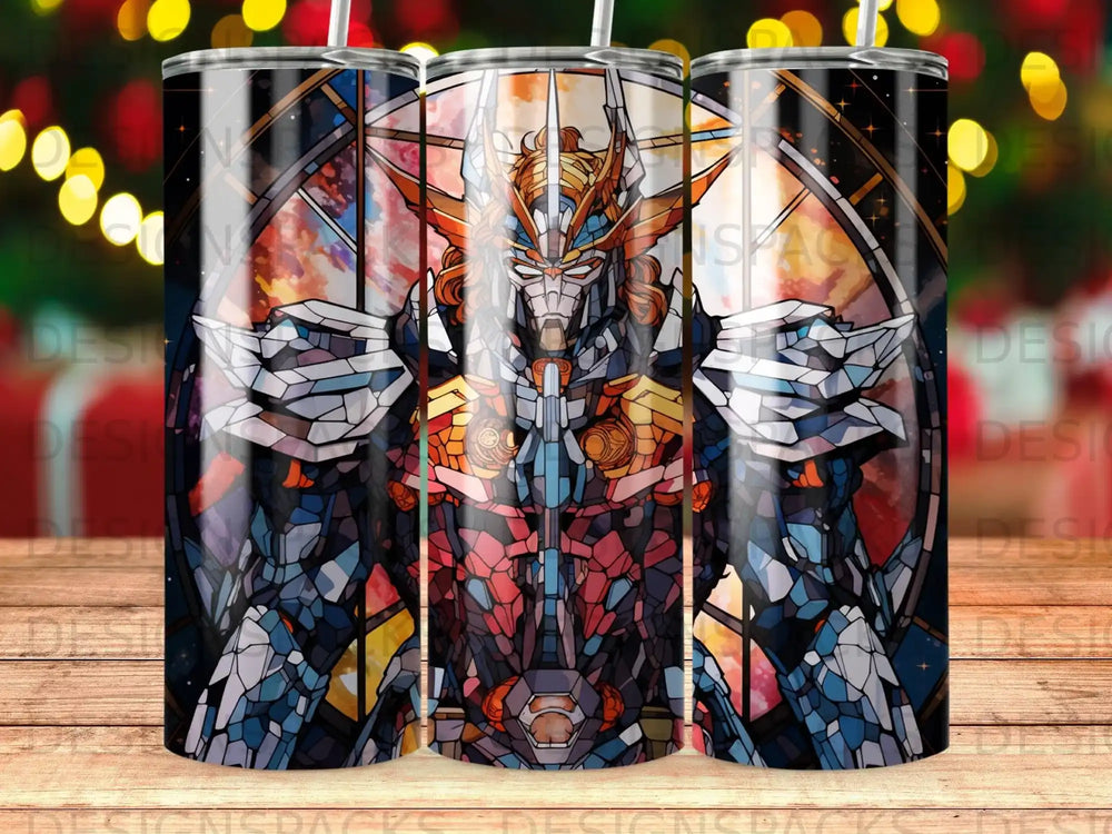 Robot warrior with ornate armor and stained-glass background.