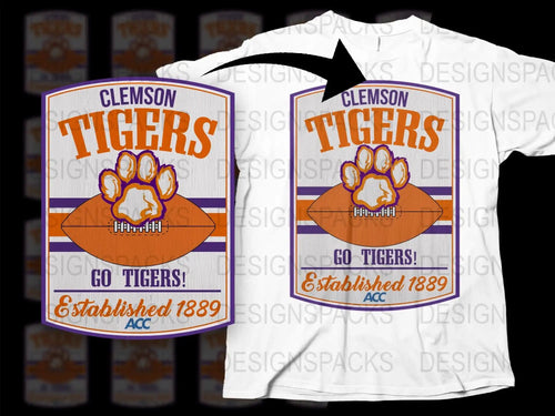 Clemson Tigers T-Shirt, Vintage Style Tee, College Football Apparel, Orange and White, Established 1889, ACC Sports Gear