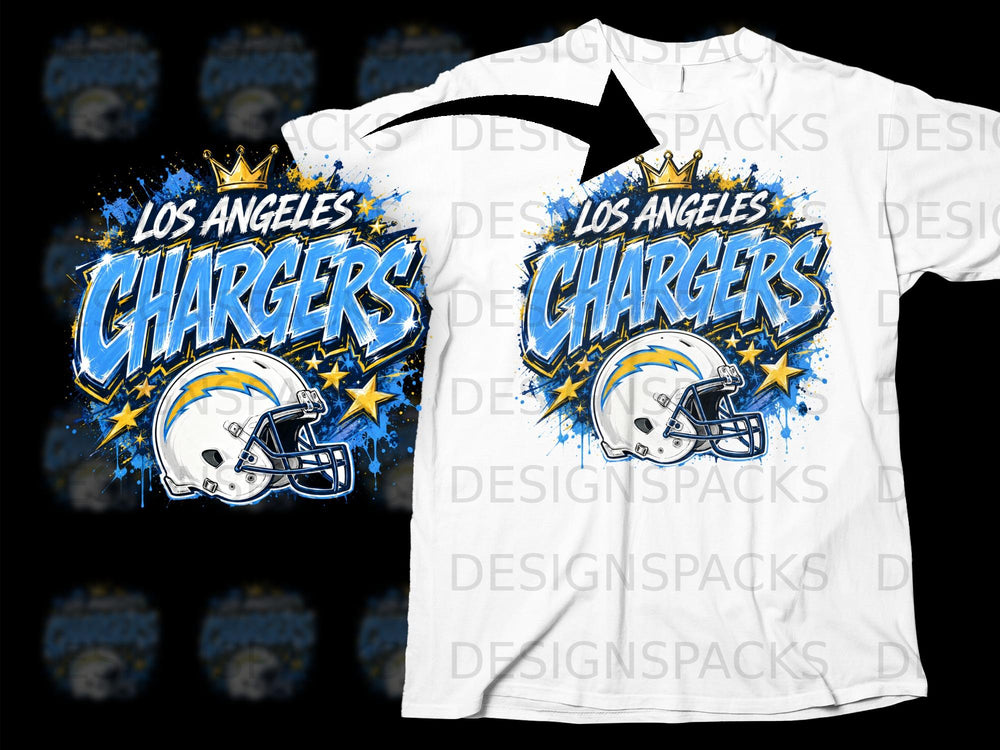 Los Angeles Chargers helmet and lightning bolt graphic on a white t-shirt.