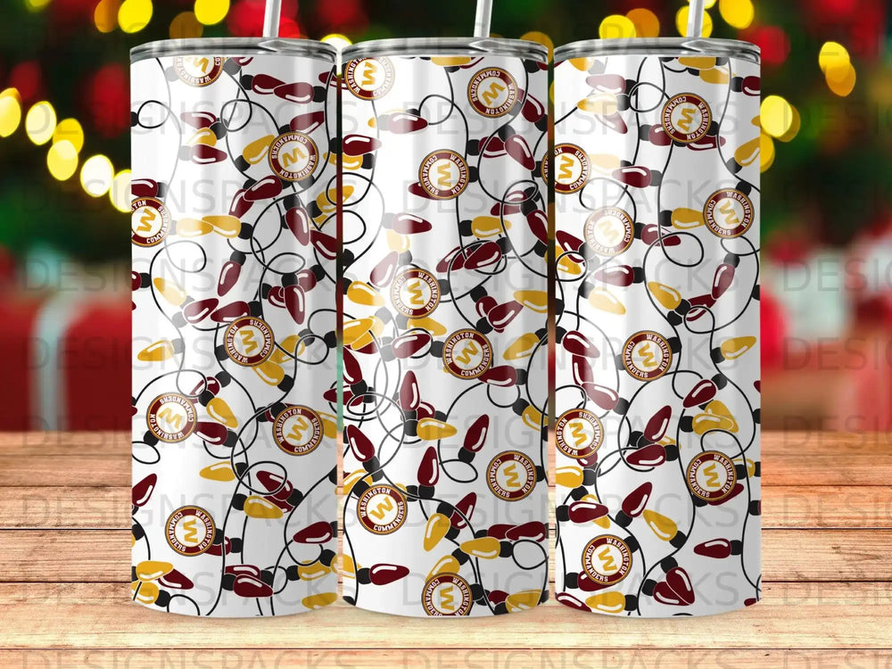 Washington Commanders logo and holiday lights pattern on white tumblers.
