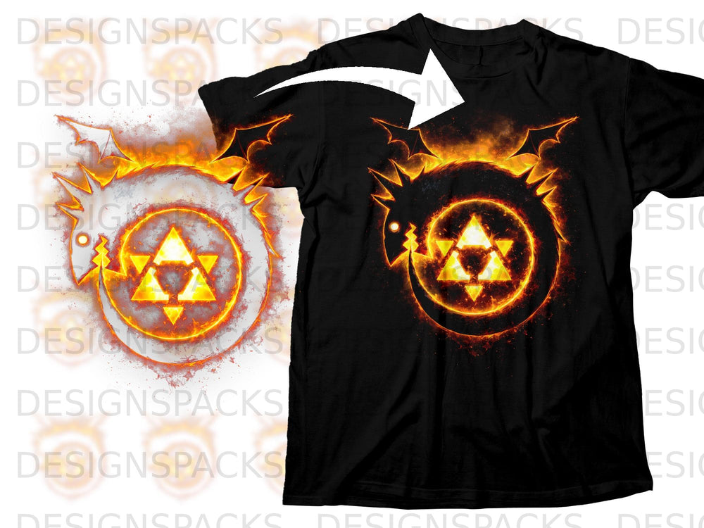 Black t-shirt featuring a fiery dragon encircling a glowing alchemical circle design.