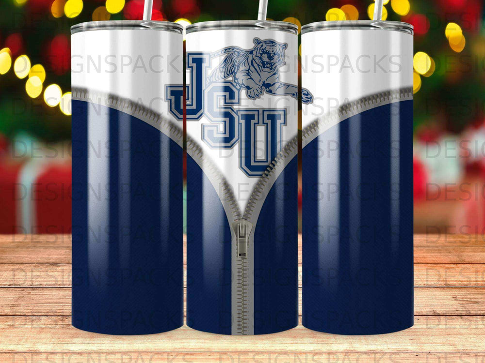 Blue and white "JSU" logo with a tiger mascot on a zippered tumbler.
