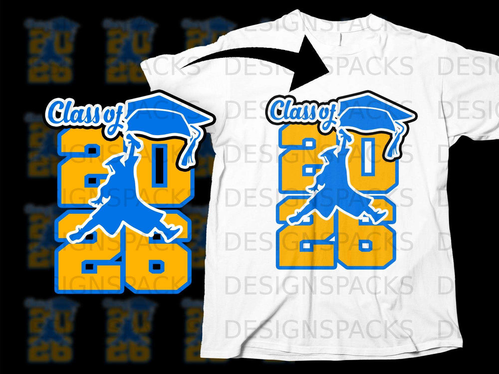Class of 2026 graphic with graduation cap and silhouette on a white t-shirt.