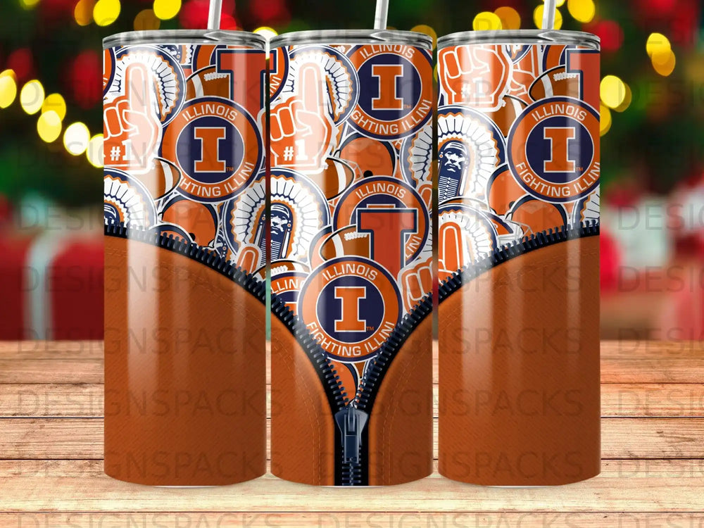 Tumbler with Fighting Illini logo and football graphics, zipper detail.