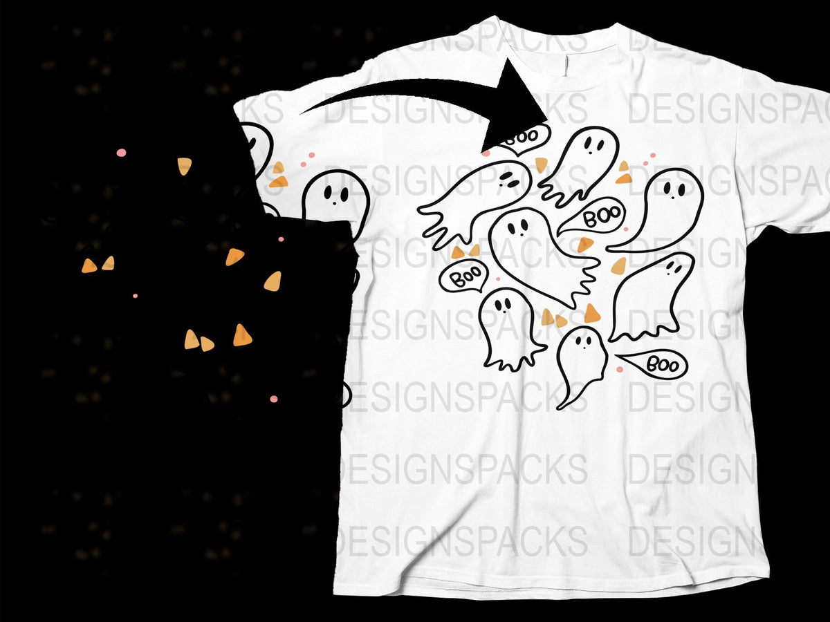 Cute Ghost Pattern T-Shirt, Spooky Fun Halloween Apparel, Unisex White Graphic Tee
