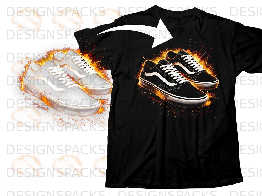 Black t-shirt with graphic of black sneakers on fire.