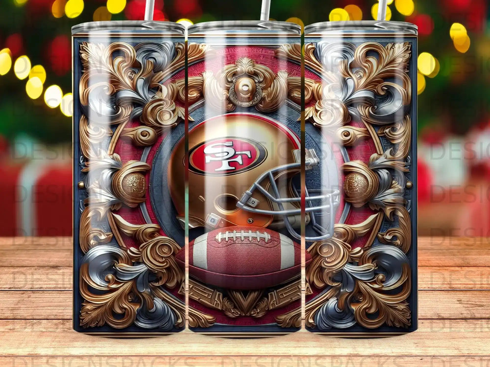 San Francisco 49ers helmet and football on ornate background.