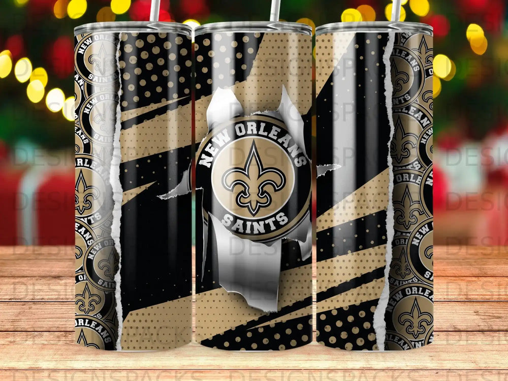 New Orleans Saints logo and team name on a black and gold striped tumbler.