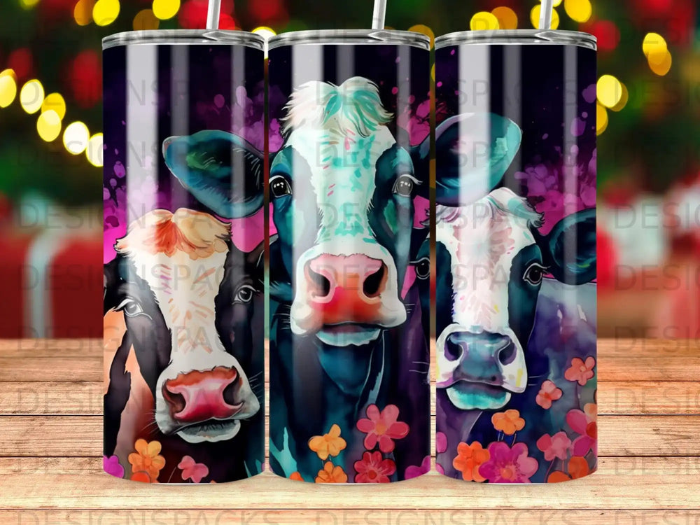 Three watercolor cows with floral accents on a skinny tumbler.
