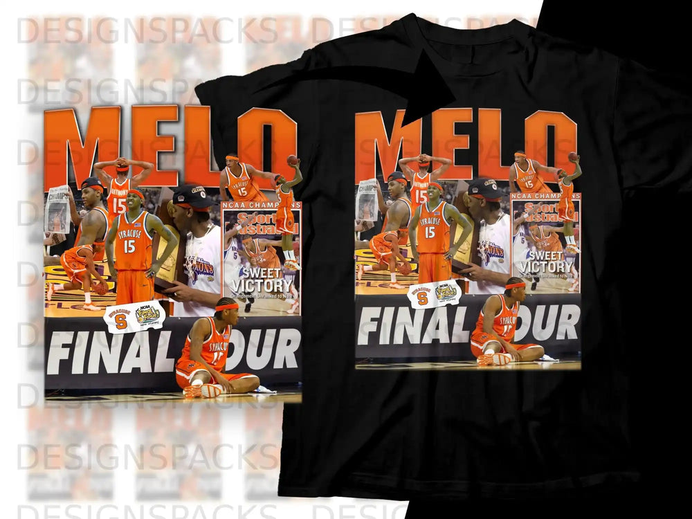 Carmelo Anthony in Syracuse basketball jersey with "Sweet Victory" text.