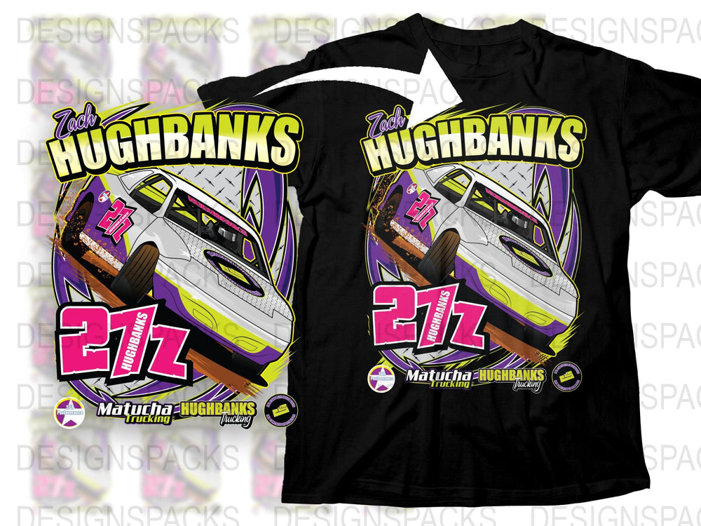 Custom Racing T-Shirt, Zack Hughbanks Graphic Tee, Motorsport Car Design, Vibrant Purple and Yellow Colors, Unisex Apparel