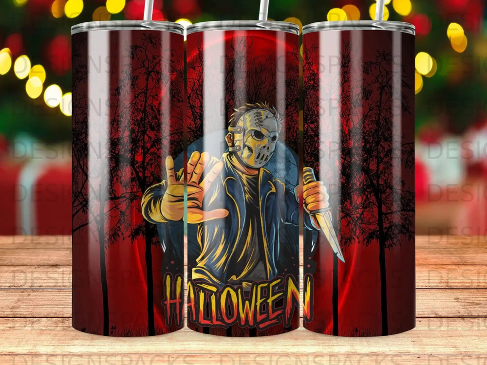 Jason Voorhees mask, bloody knife, and "Halloween" text on tumbler.