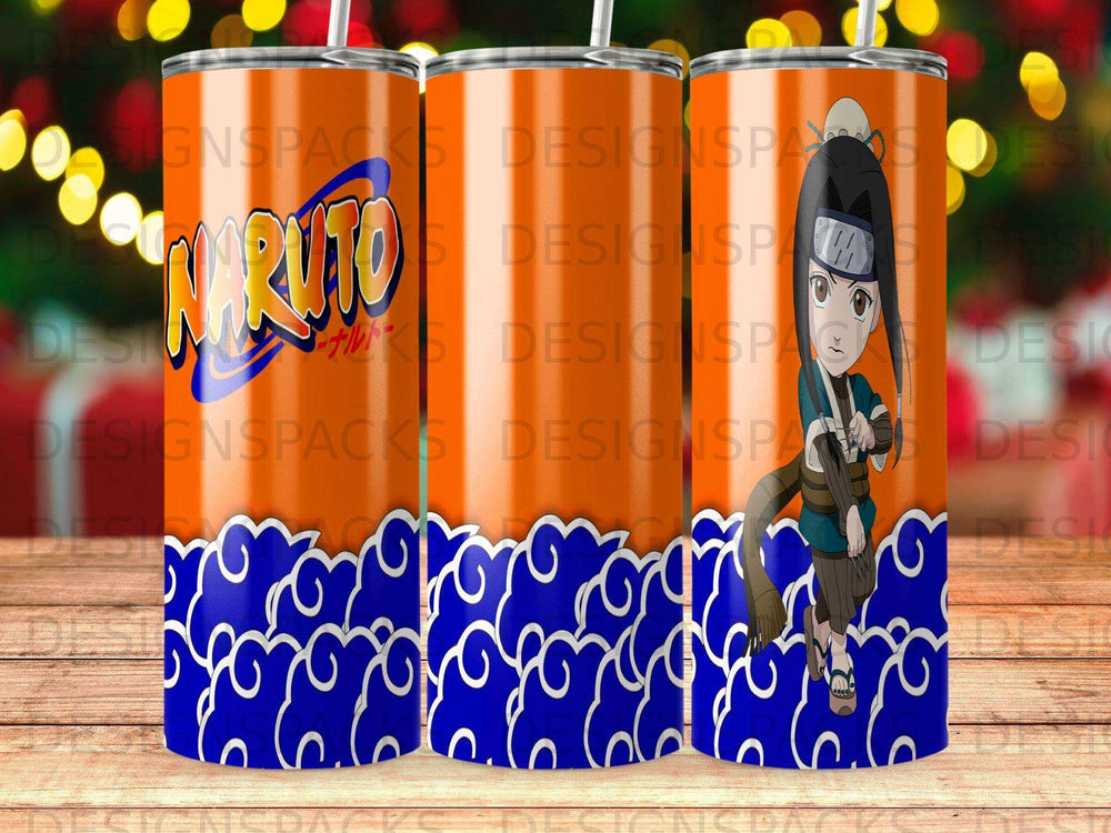 Naruto Uzumaki anime character on orange background with blue swirling clouds.