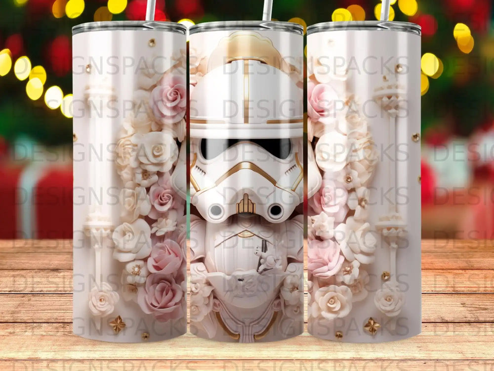 White Stormtrooper helmet with floral embellishments on a patterned tumbler.