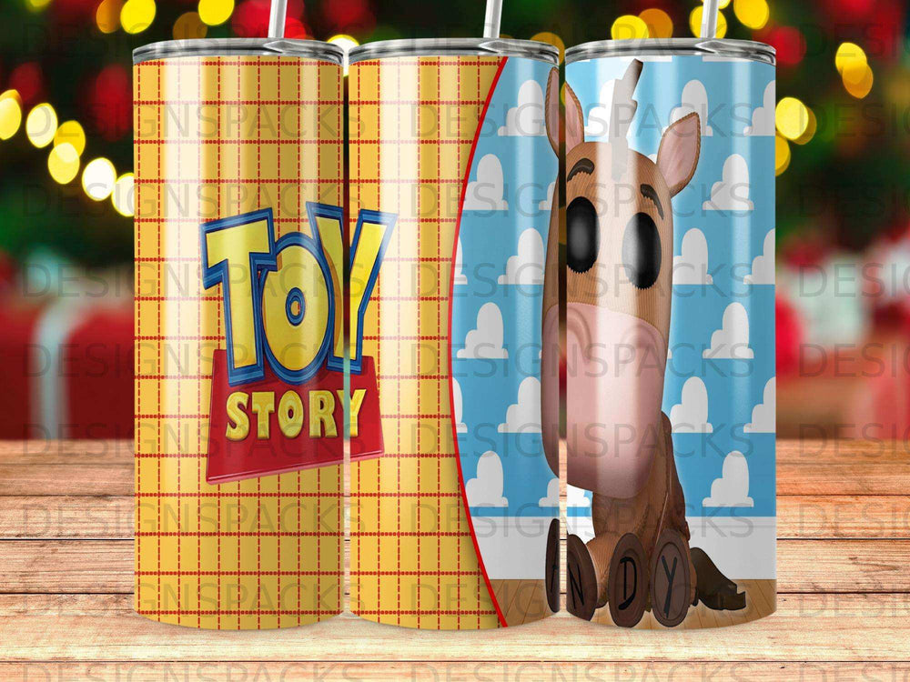 Toy Story characters Woody and friends on a tumbler.