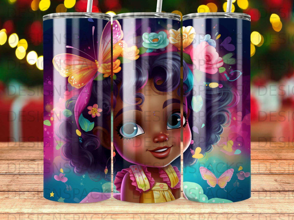 Cartoon girl with butterfly and floral crown on a colorful tumbler.