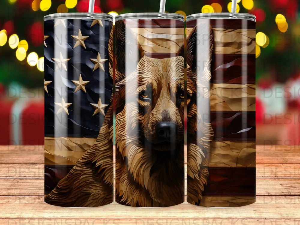 German Shepherd portrait superimposed on American flag design.