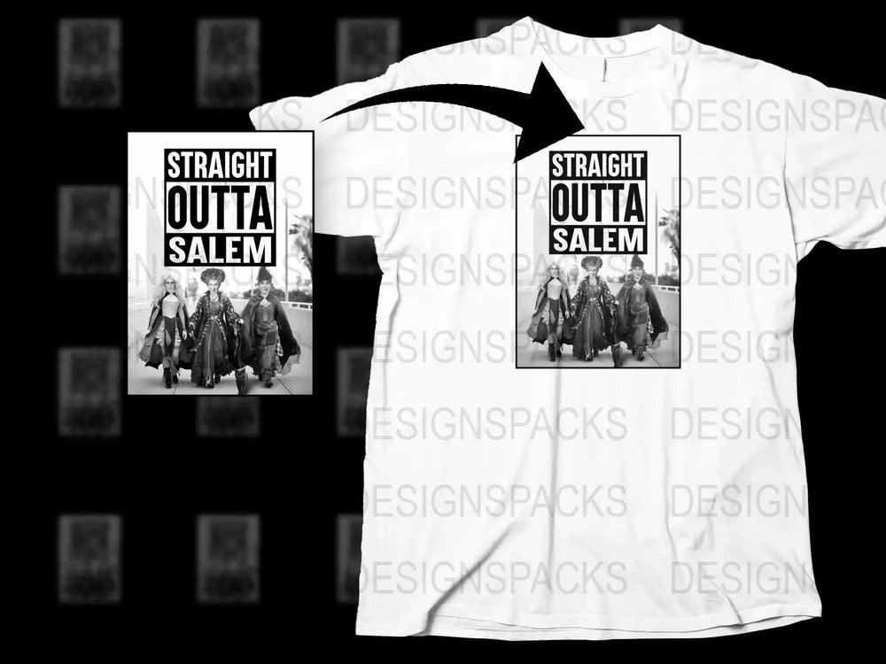 Straight Outta Salem T-Shirt, Witchy Halloween Costume Tee, Black and White Graphic Shirt