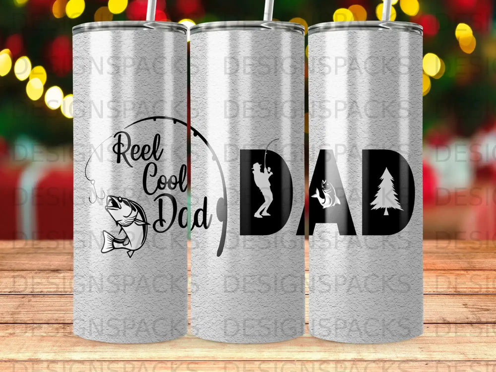 Tumbling tumbler with "Reel Cool Dad" and fishing graphics.
