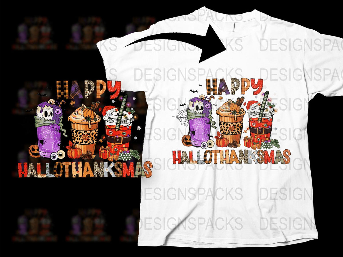 Happy Hallothanksmas T-Shirt, Holiday Celebration Shirt, Festive Multi-Holiday Graphic Tee, Unisex Adult Clothing