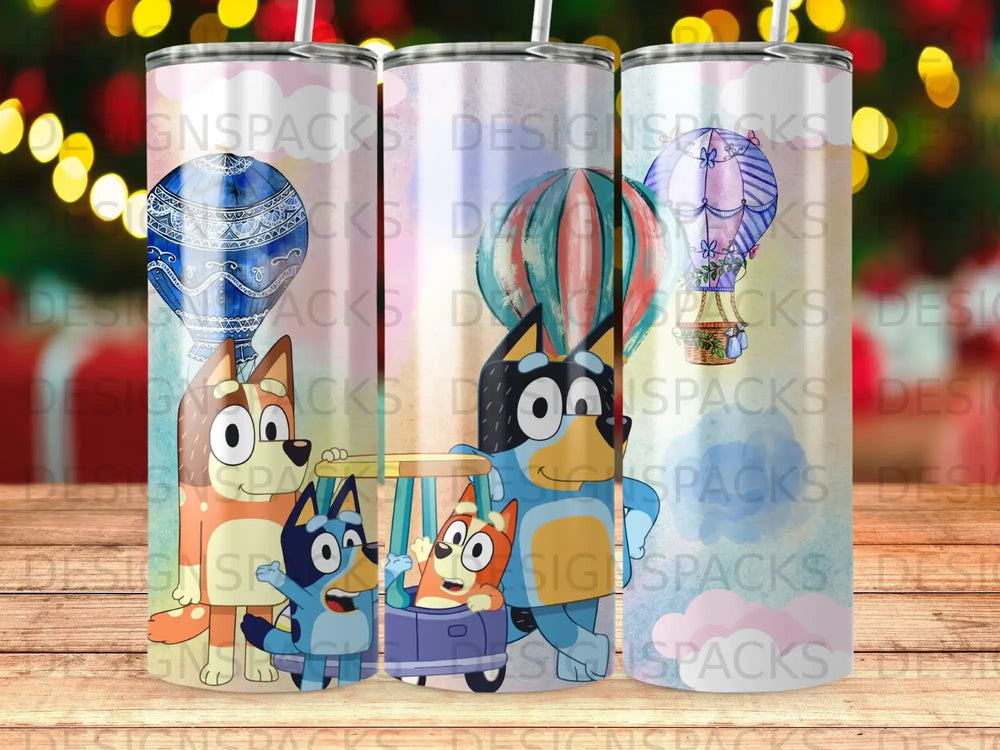 Bluey and Bingo characters in hot air balloons with clouds, on a tumbler.